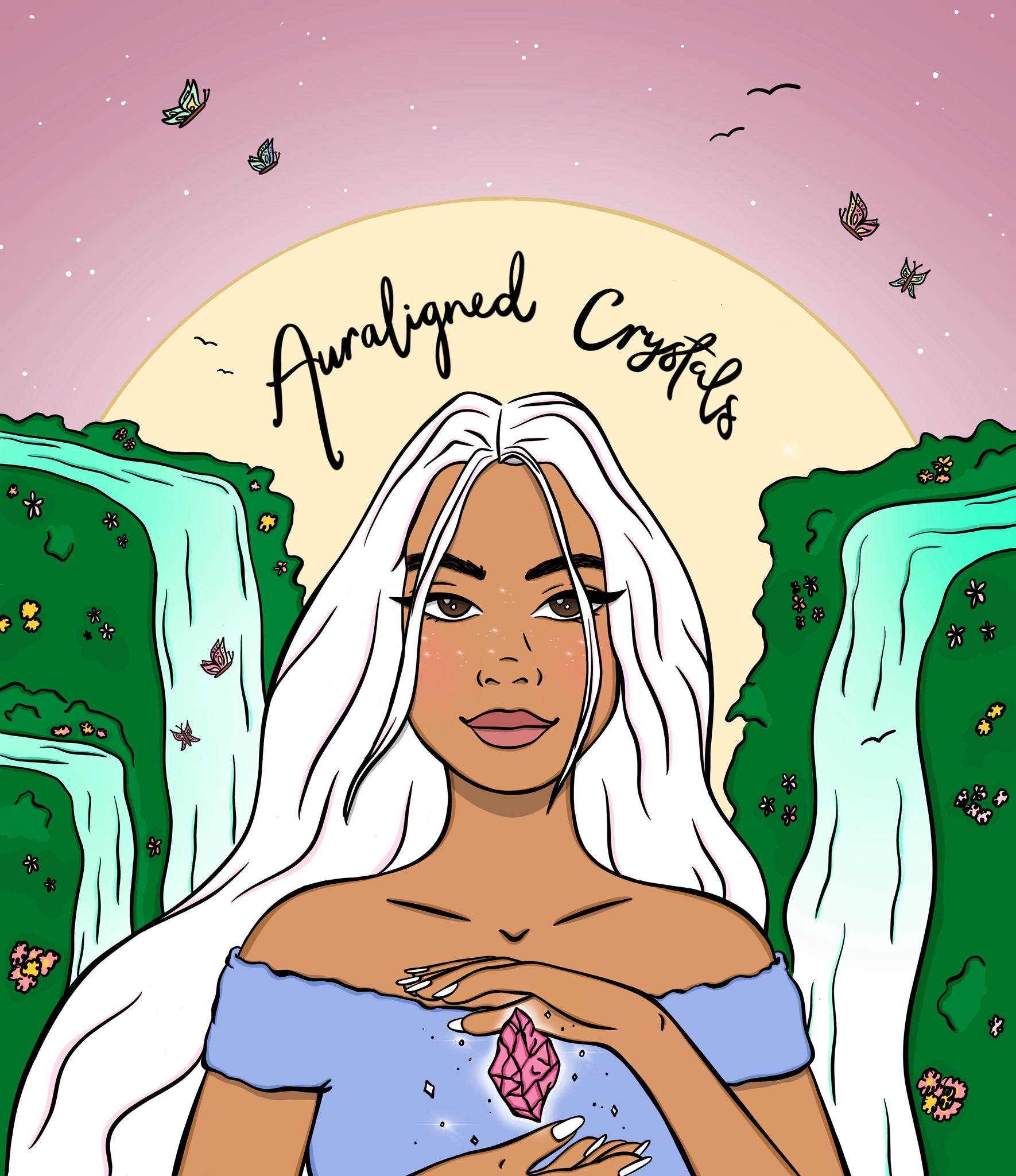 logo of auraligned crystals shows pink skies with birds and butterflies flying over a bright full moon. Waterfalls are all around in a lush garden filled with flowers. Filipina woman with long white hair holds a pink crystal in between her hands.